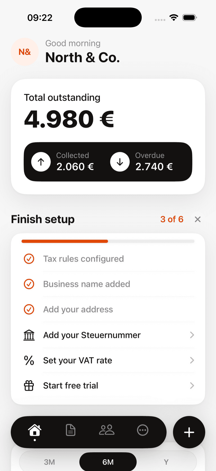 Invobis overview screen with total outstanding, collected, and overdue amounts